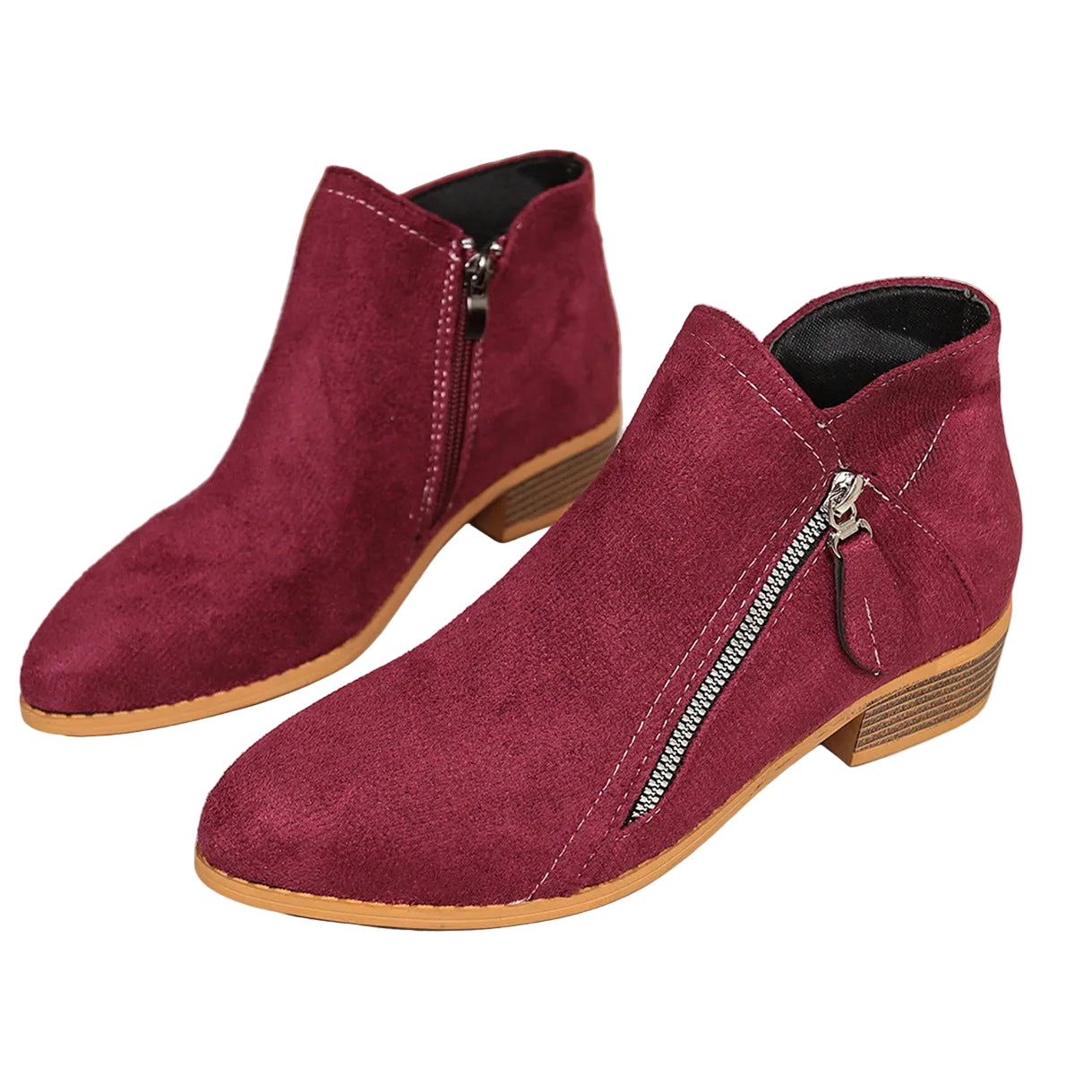 Poppy burgundy faux suede ankle boots with diagonal zip and block heel