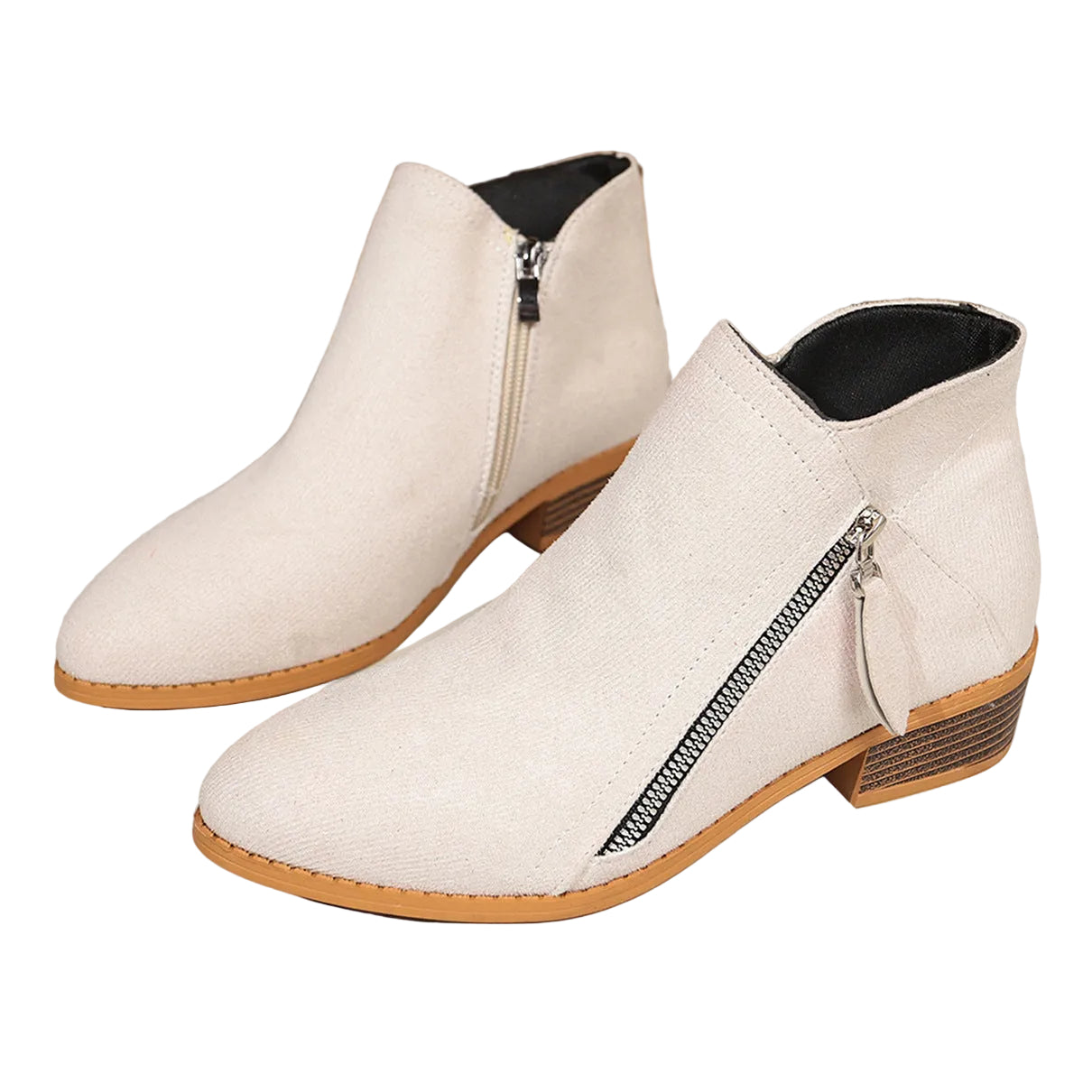 Poppy cream faux suede ankle boots with diagonal zip and block heel