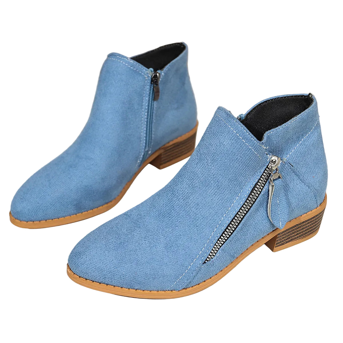 Poppy denim blue faux suede ankle boots with diagonal zip and block heel