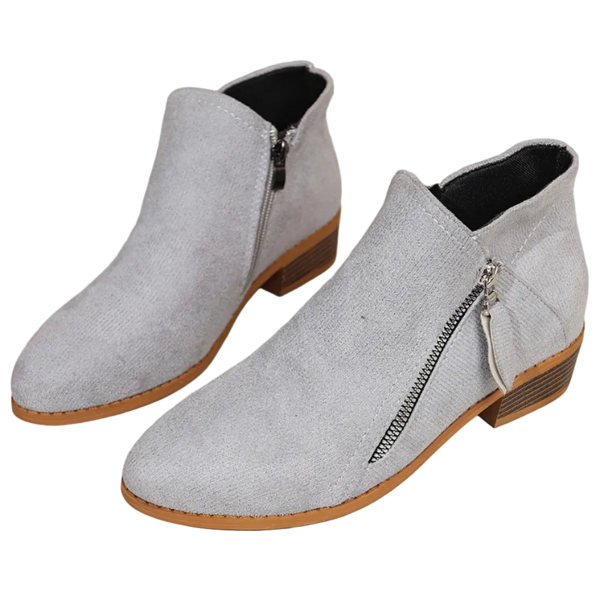 Poppy grey faux suede ankle boots with diagonal zip and block heel