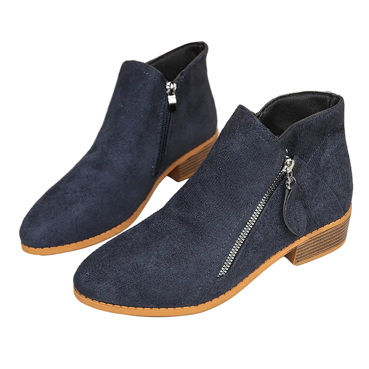 Poppy navy faux suede ankle boots with diagonal zip and block heel