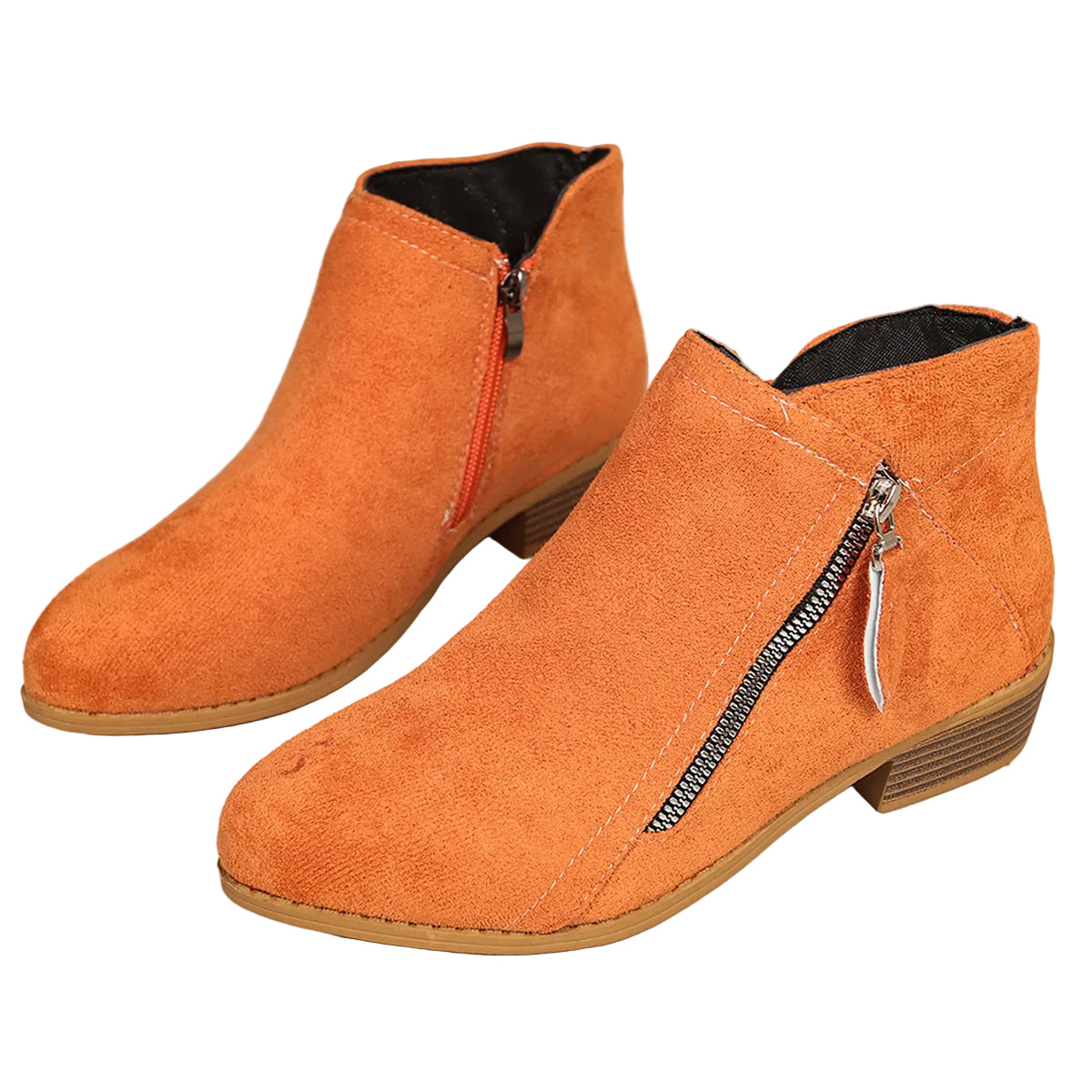 Poppy orange faux suede ankle boots with diagonal zip and block heel