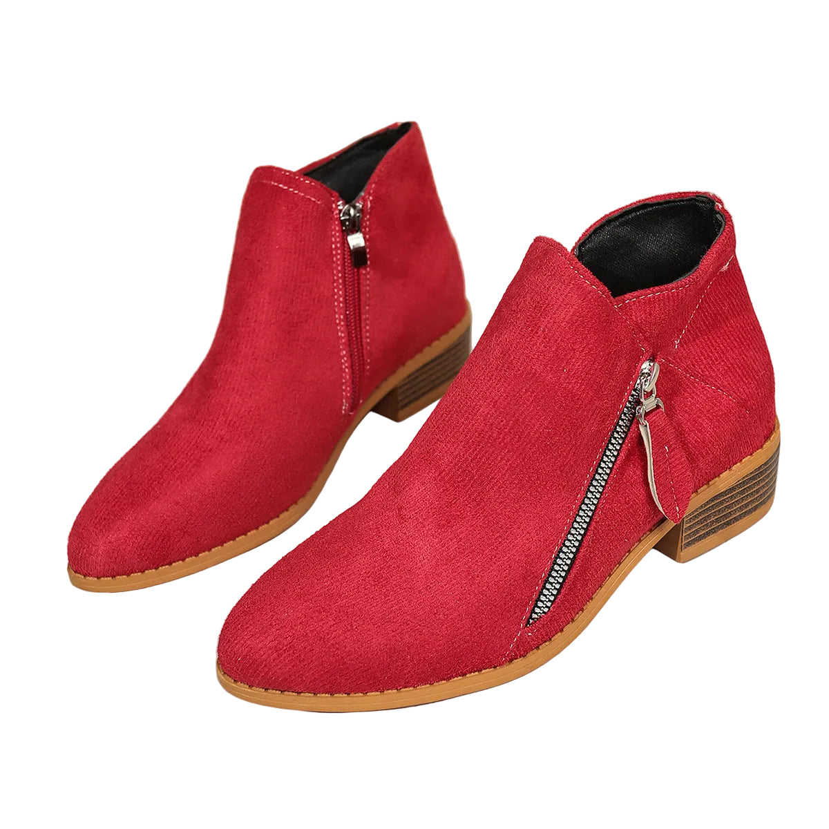 Poppy red faux suede ankle boots with diagonal zip and block heel