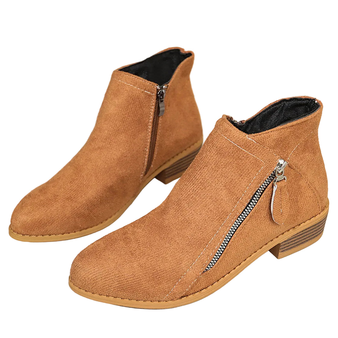 Poppy tan faux suede ankle boots with diagonal zip and block heel