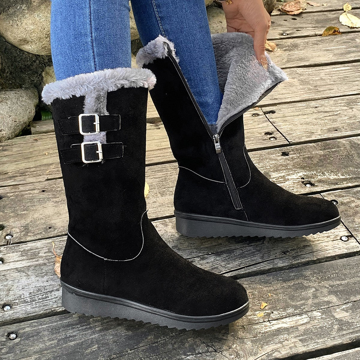 Ragnhild black mid-calf boots, inside zip and plush lining
