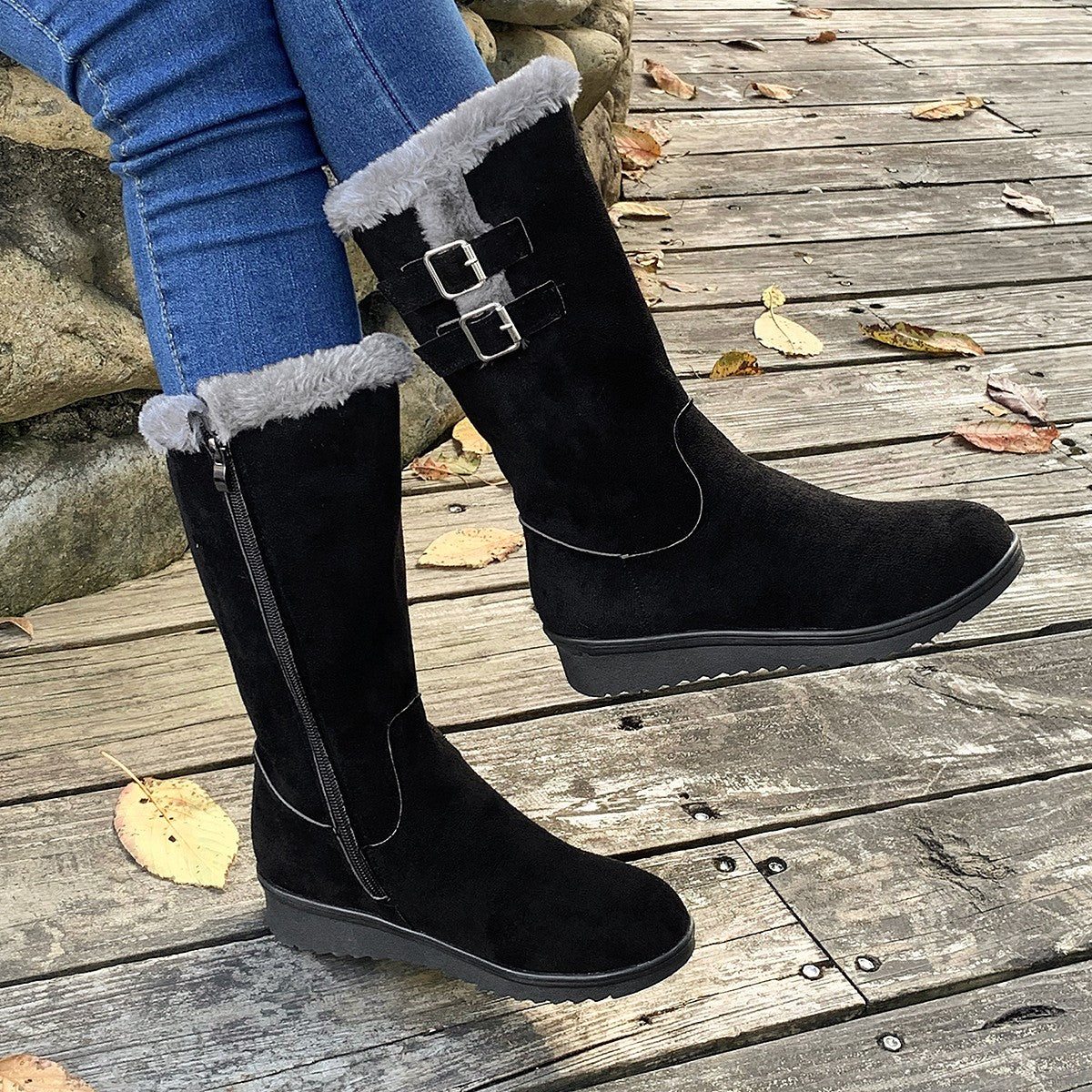 Ragnhild black wedge mid-calf boots worn