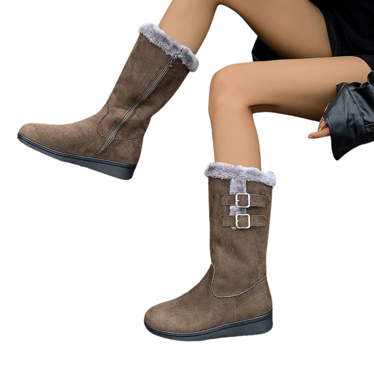 Ragnhild coffee mid-calf boots with faux-fur cuff, worn