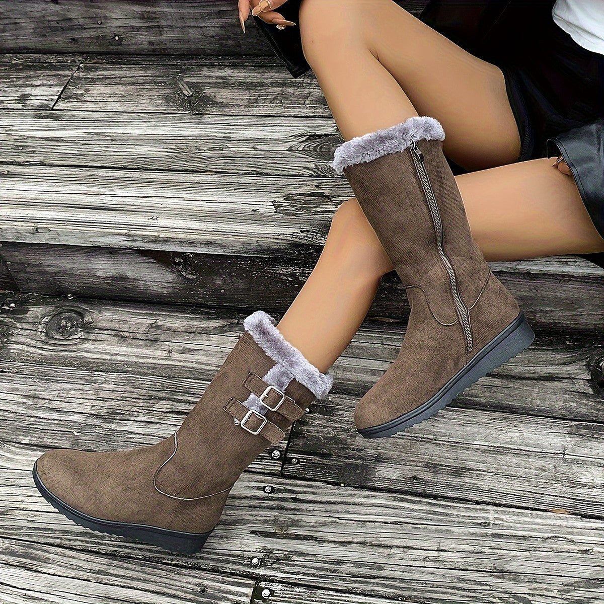 Ragnhild coffee mid-calf boots worn, buckle detail
