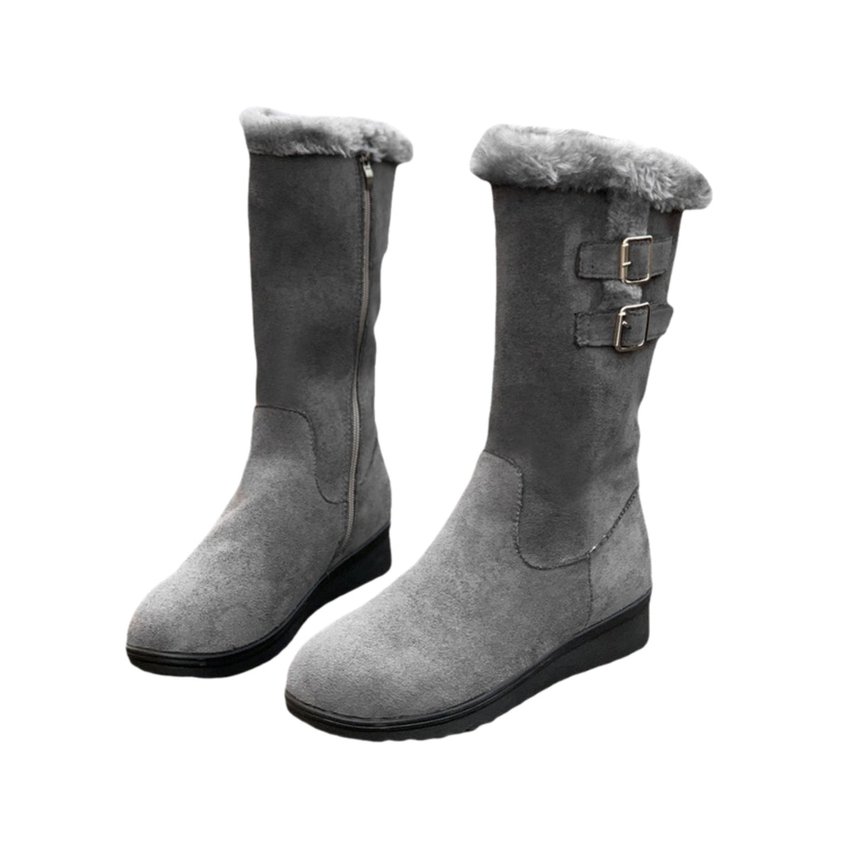 Ragnhild grey faux-suede mid-calf boots with faux-fur cuff