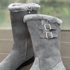 Ragnhild grey mid-calf boots, close-up of the faux-fur cuff