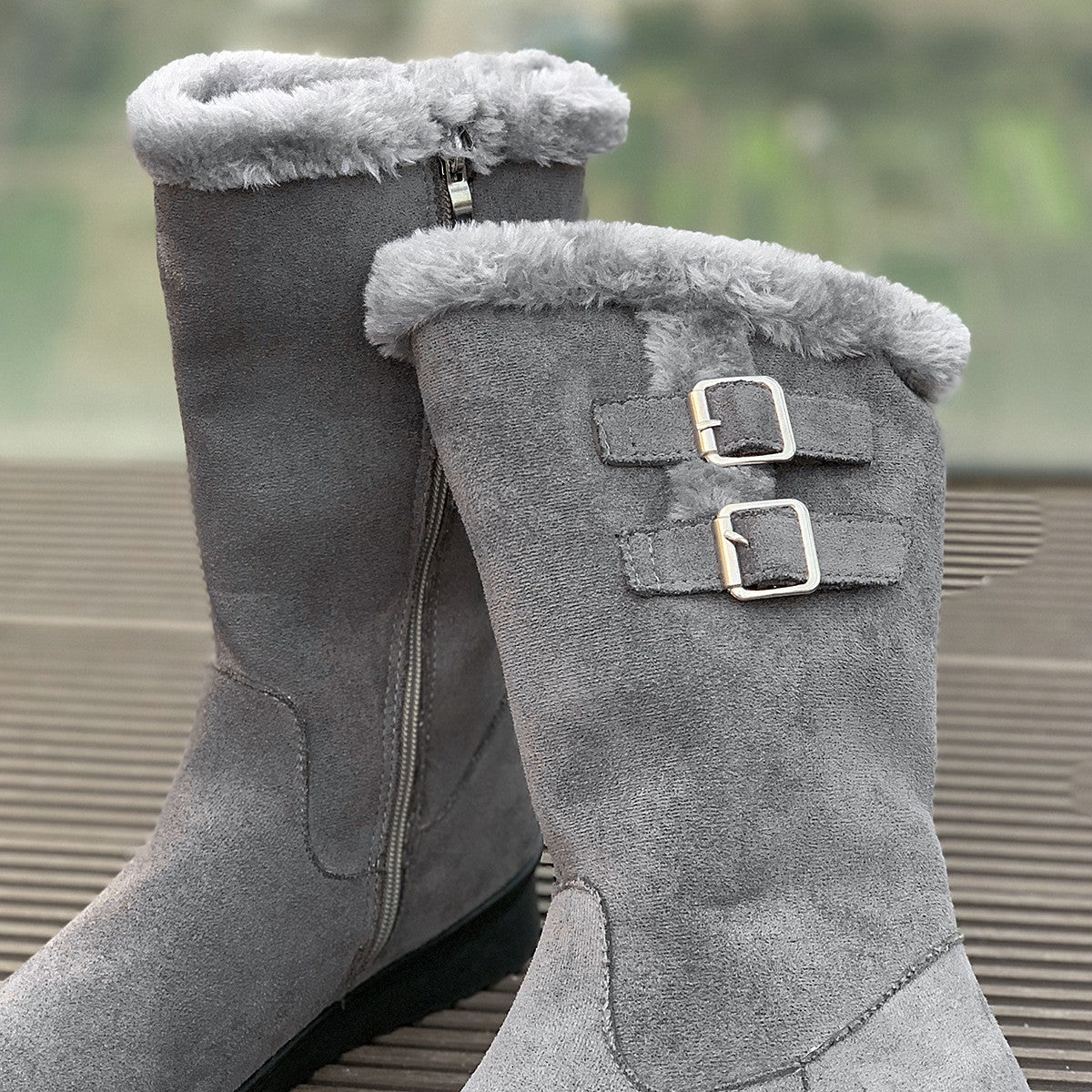 Ragnhild grey mid-calf boots, close-up of the faux-fur cuff