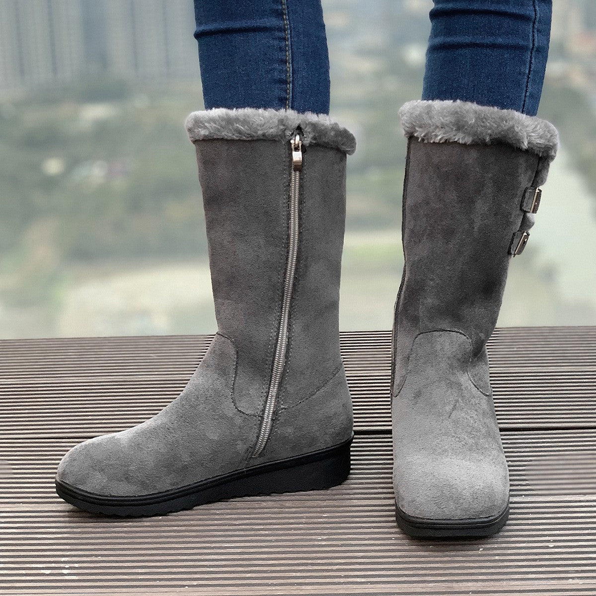 Ragnhild grey mid-calf boots, inside zip