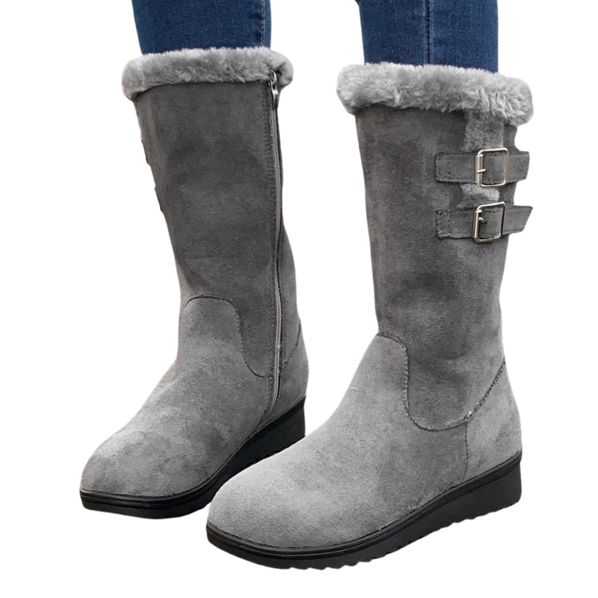 Ragnhild grey mid-calf boots worn