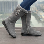 Ragnhild grey wedge boots worn, side view