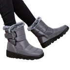 Ronja grey snow boots with hook-and-loop strap, worn