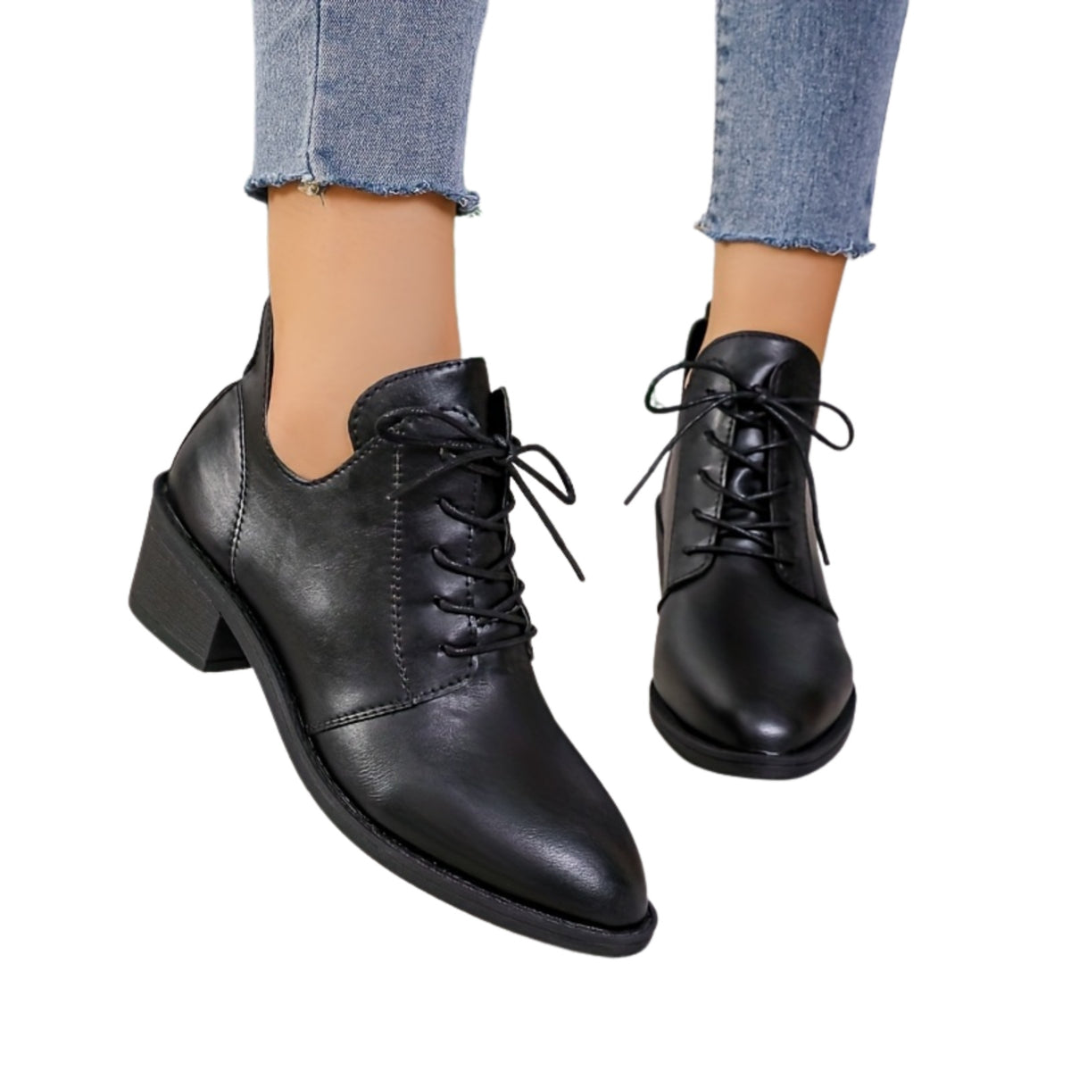 Rosalind black faux-leather lace-up pointed-toe ankle boots with block heel