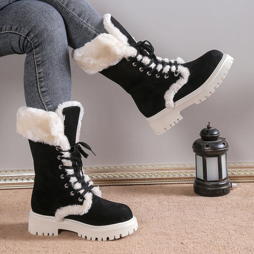 Runa black lace-up snow boots with faux-fur cuff, side view