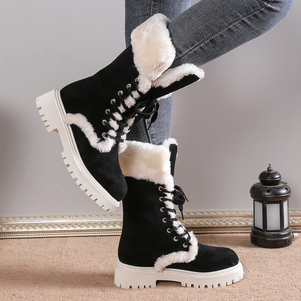 Runa black mid-calf winter boots worn