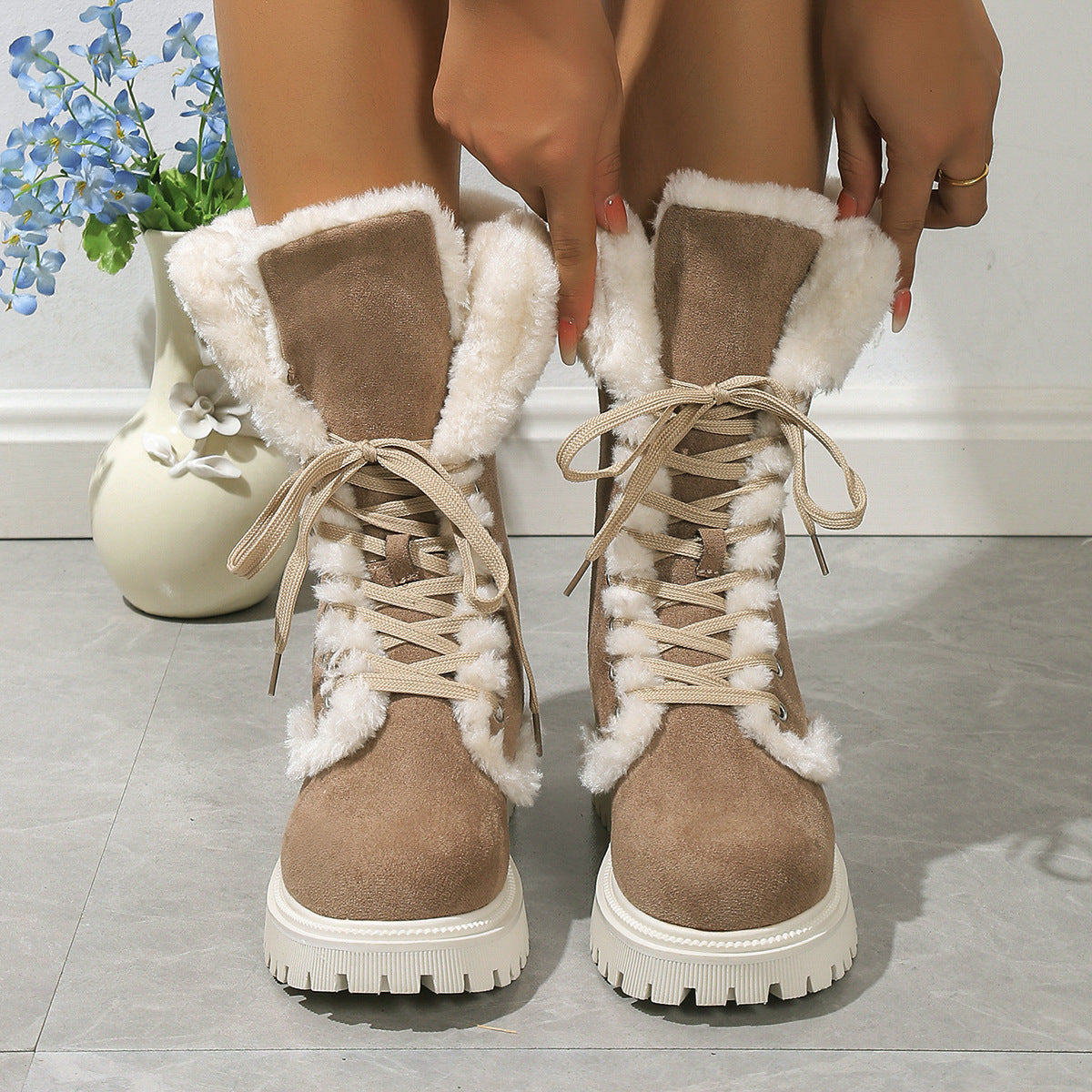 Runa camel faux-fur lined lace-up boots, front view