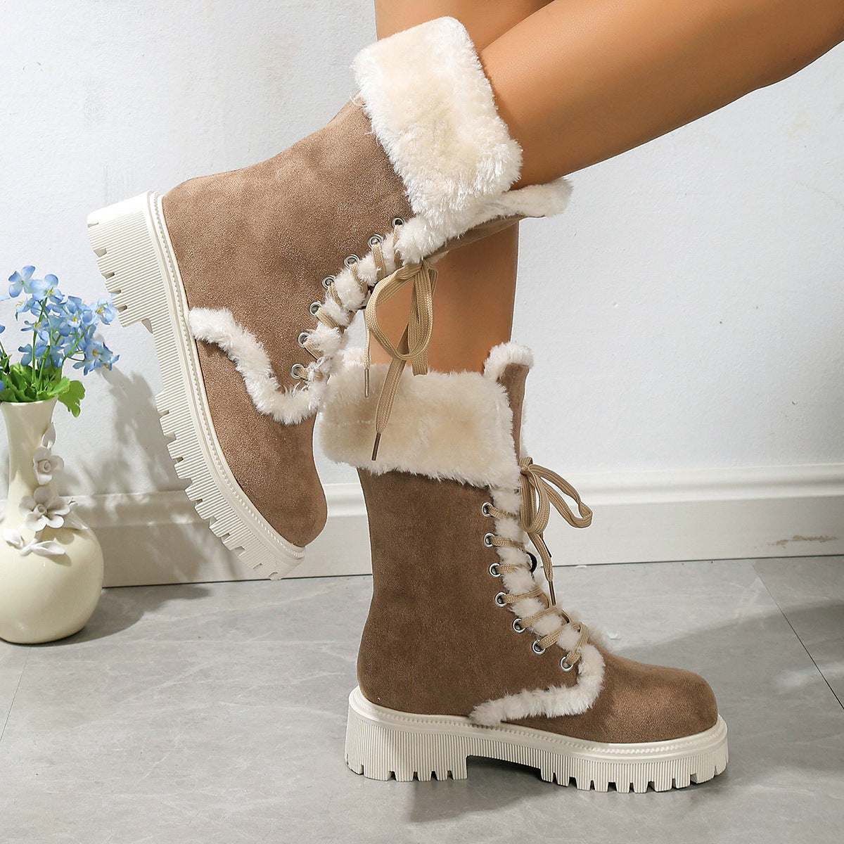 Runa camel faux-fur trim lace-up snow boot, side view