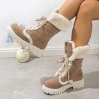 Runa camel lace-up winter boots worn, side view