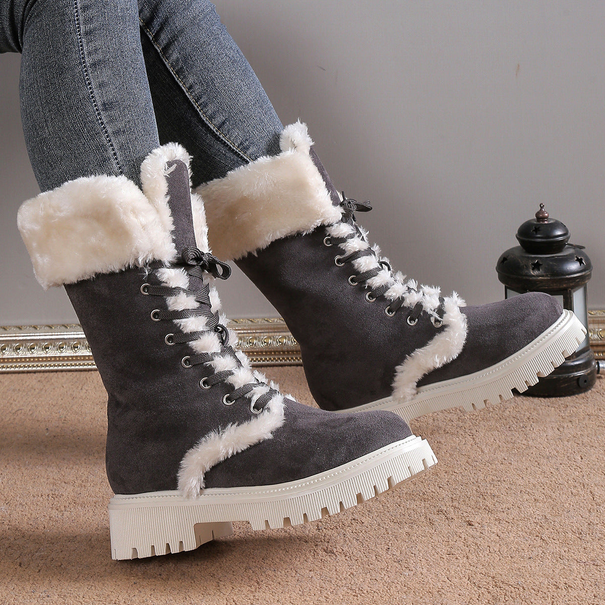 Runa grey faux-fur trim lace-up snow boots worn