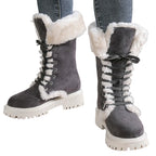 Runa grey lace-up snow boots with faux-fur cuff, front view
