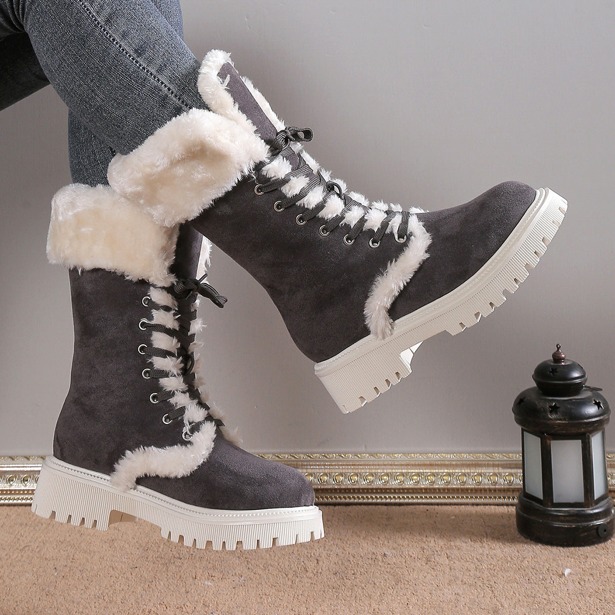 Runa grey snow boots with chunky lug sole, side view