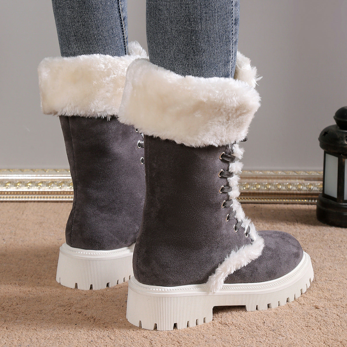 Runa grey mid-calf winter boots with fold-over faux-fur cuff