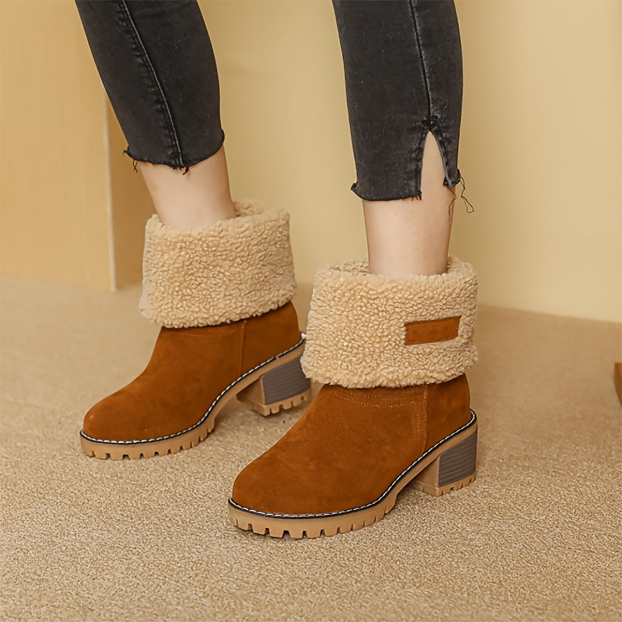 Saga camel fold-over cuff winter boots worn with jeans