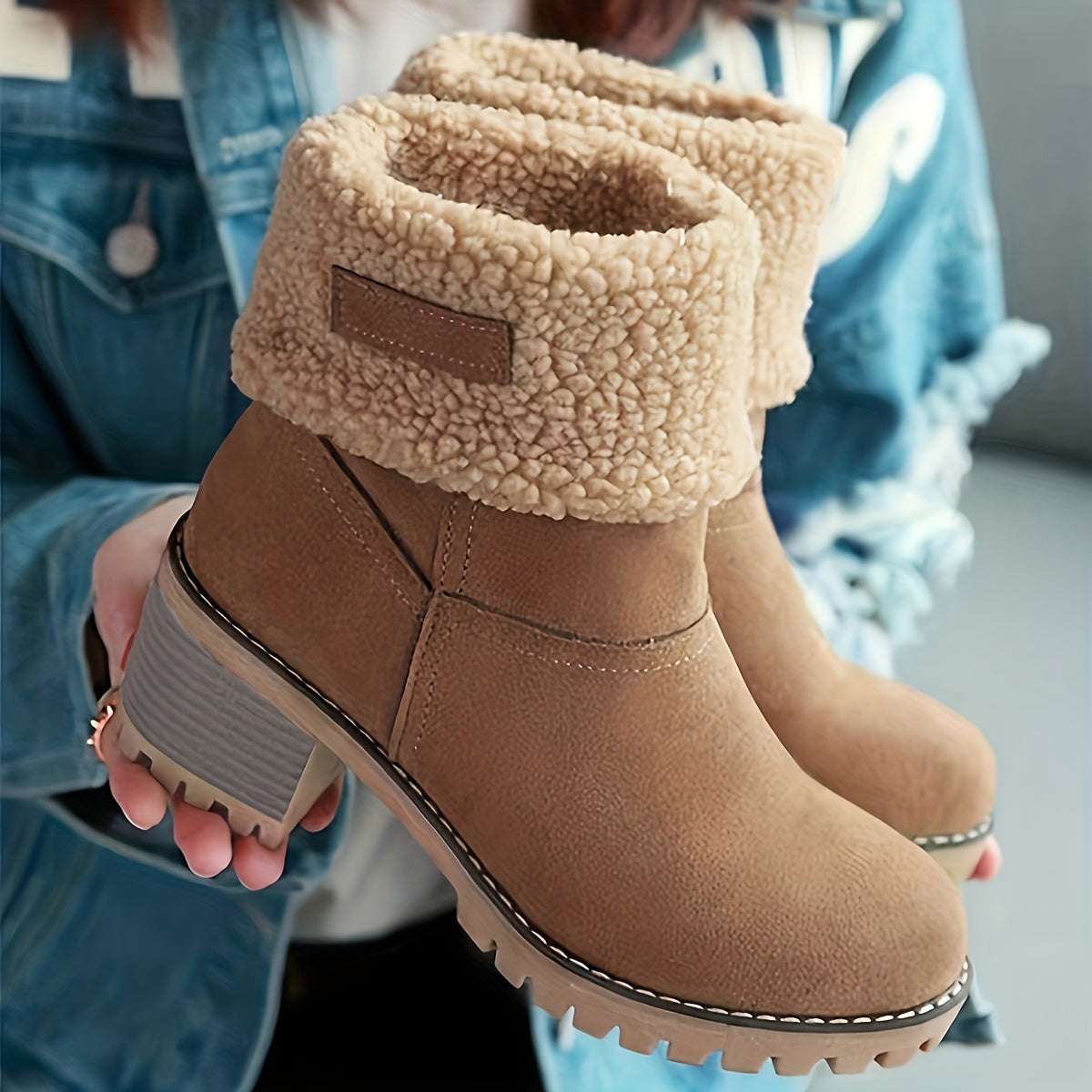 Saga camel suede-effect winter boot with fold-over sherpa cuff