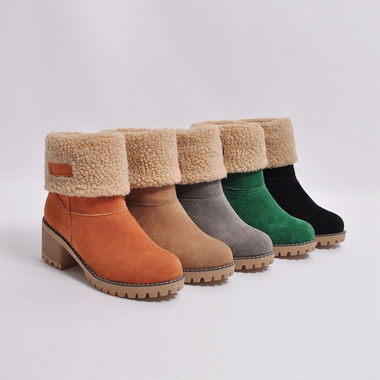 Saga faux-sherpa cuff block heel winter boots in orange, camel, grey, green and black
