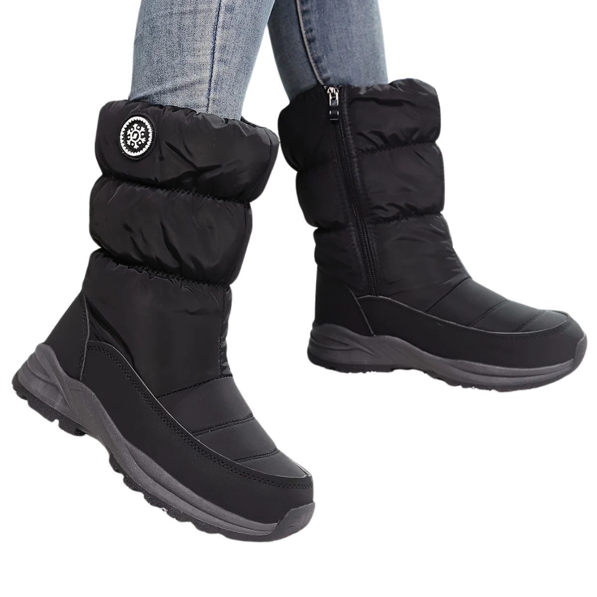 Sigrid black puffer mid-calf snow boots worn in the snow