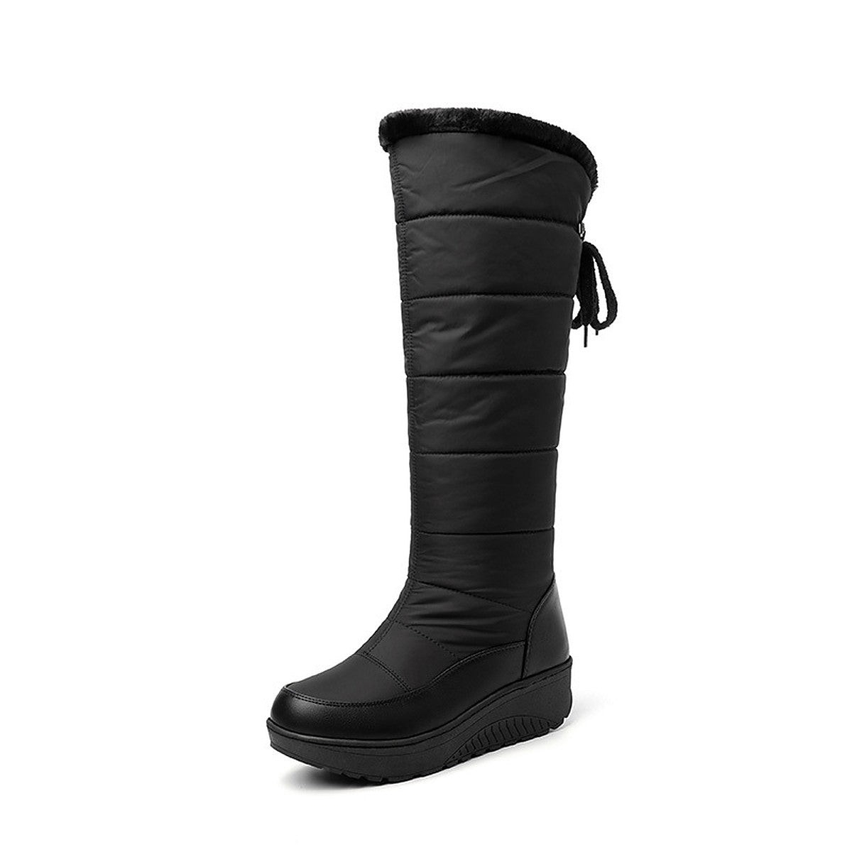 Solveig black puffer snow boot, side view with back tie