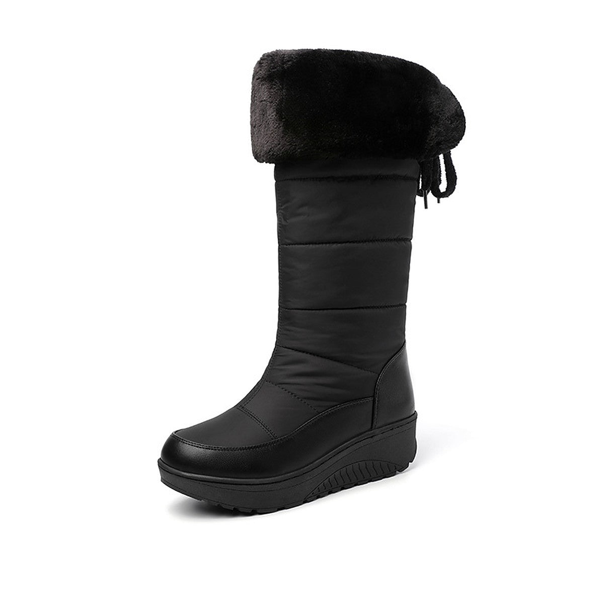 Solveig black snow boot with the faux-fur cuff folded down