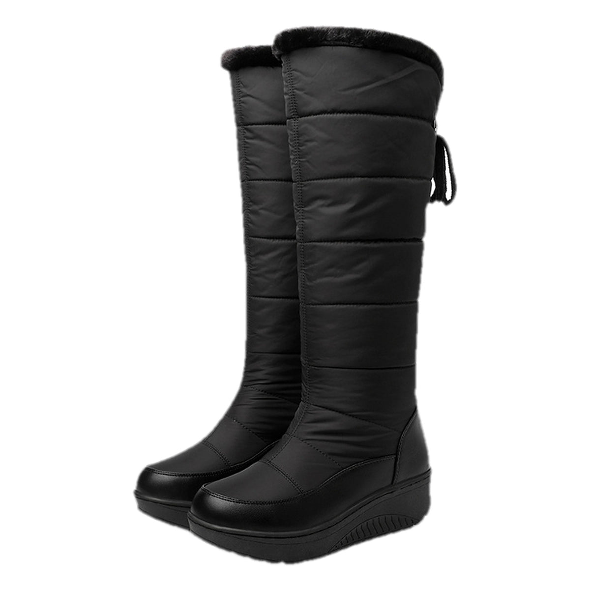 Solveig black quilted snow boots with faux-fur cuff and wedge sole, pair