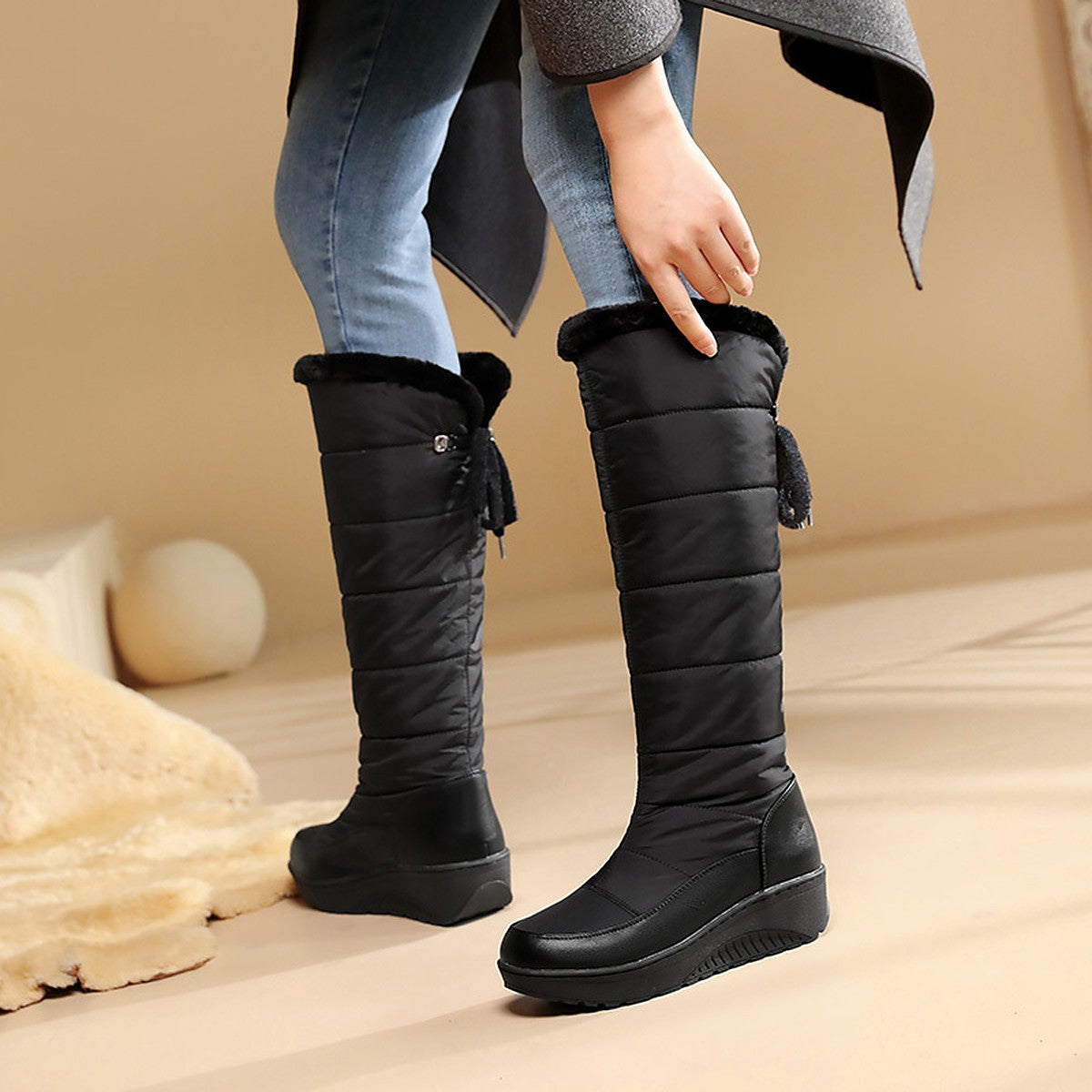 Solveig black winter boots worn, front view