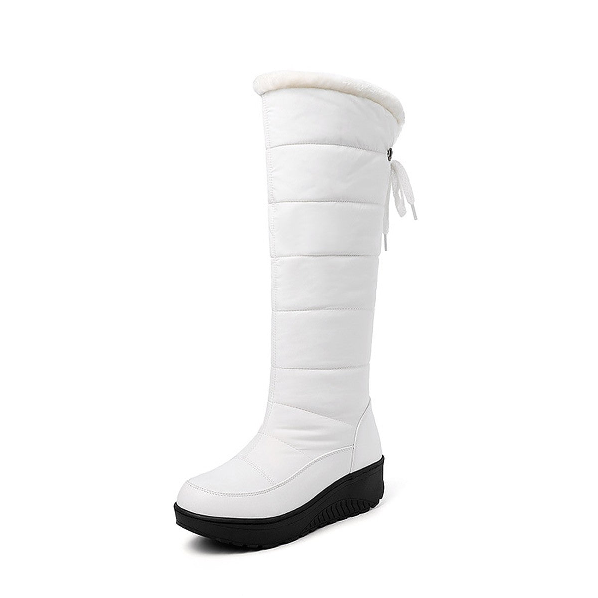 Solveig white puffer snow boot, side view with back tie