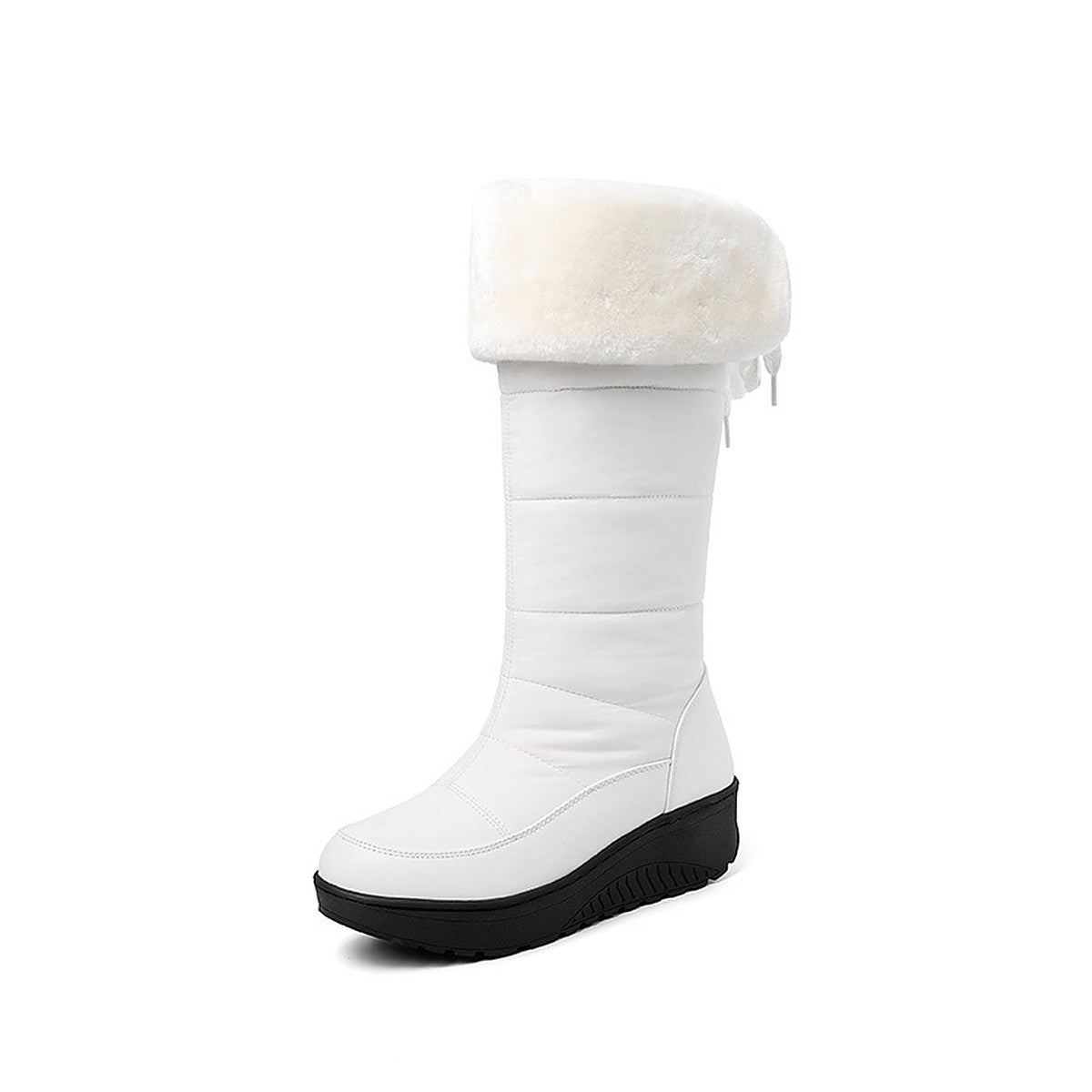 Solveig white snow boot with the faux-fur cuff folded down
