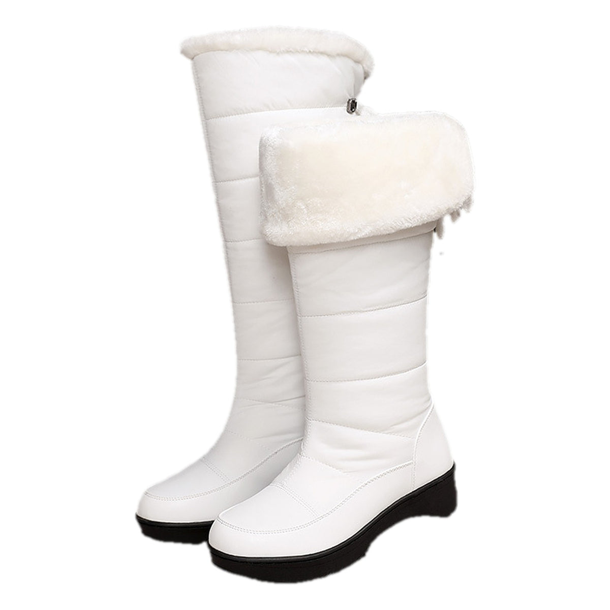 Solveig white quilted snow boots, one with the faux-fur cuff folded down, pair