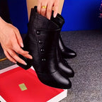 Thessaly ankle boots close-up of the fold-over panel with four buttons