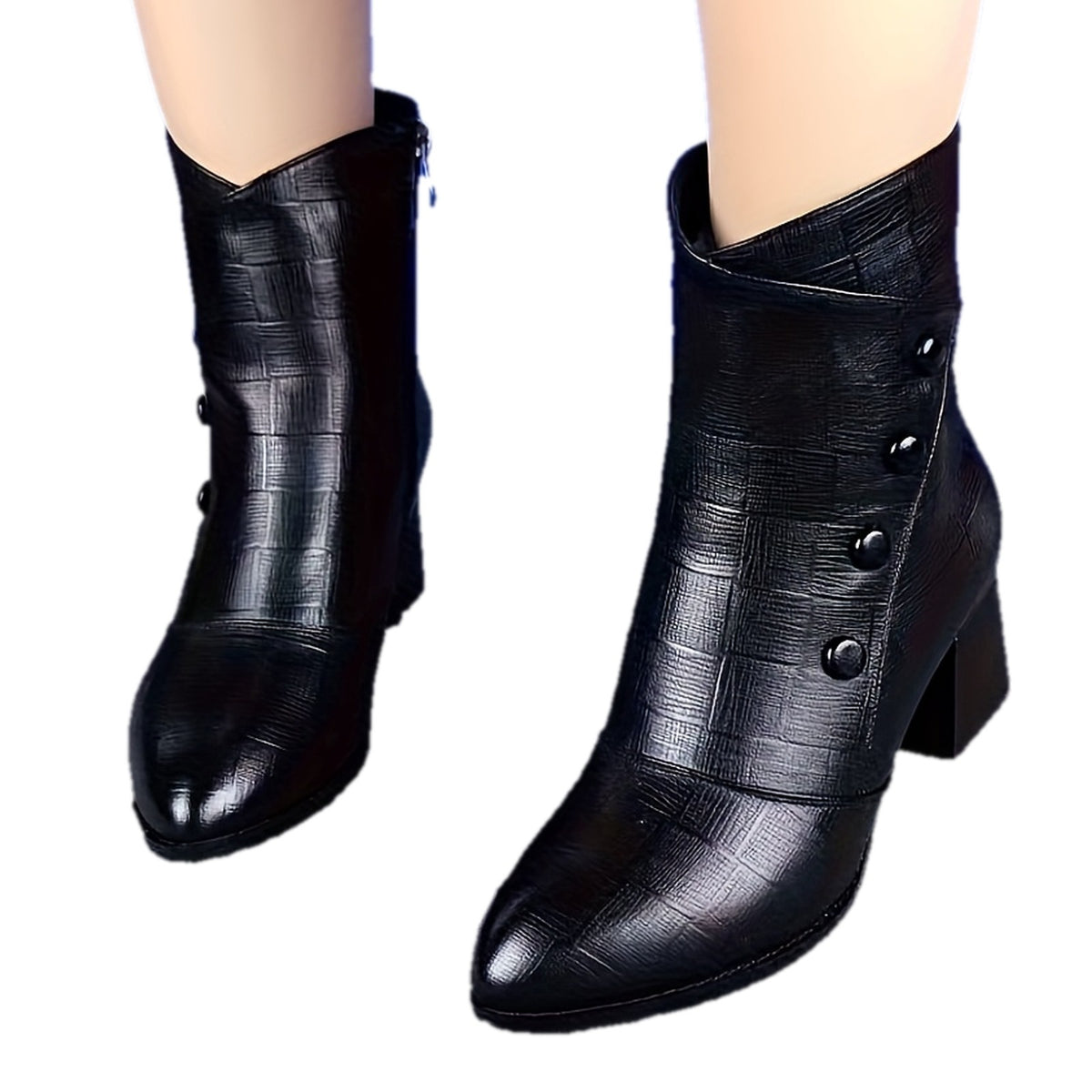Thessaly black heeled ankle boots with button-trim panel and side zip, pair