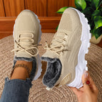 Tindra beige knit trainers with grey faux-fur lining, pair