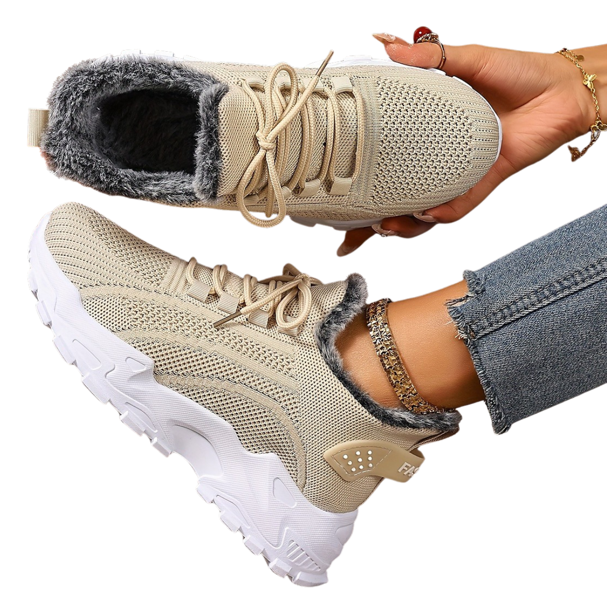 Tindra beige winter trainers, showing the faux-fur lining