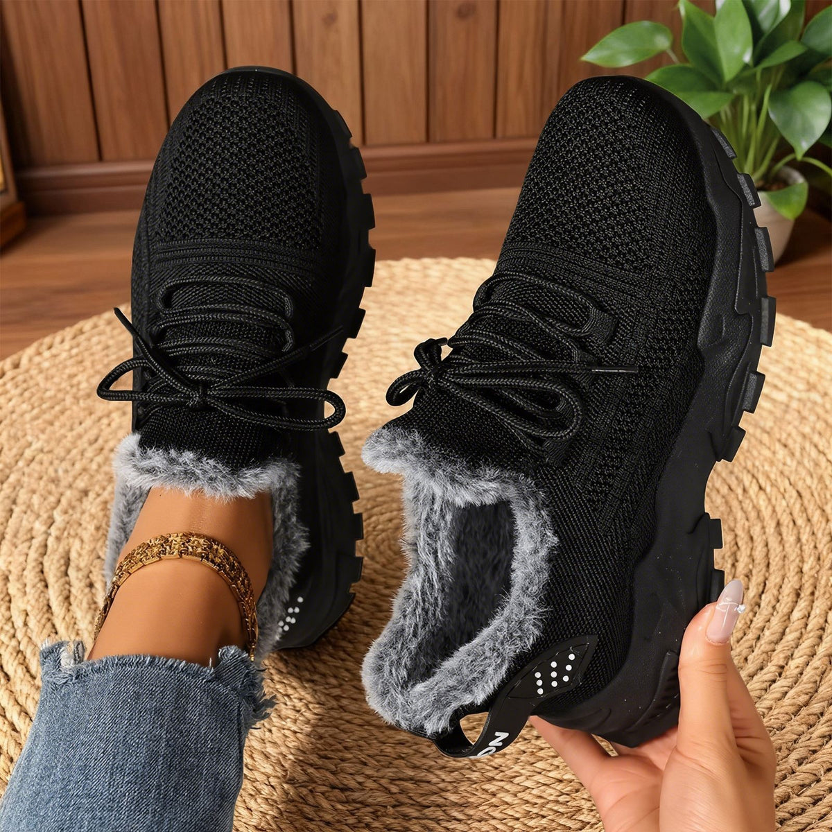 Tindra black knit trainers with grey faux-fur lining, pair