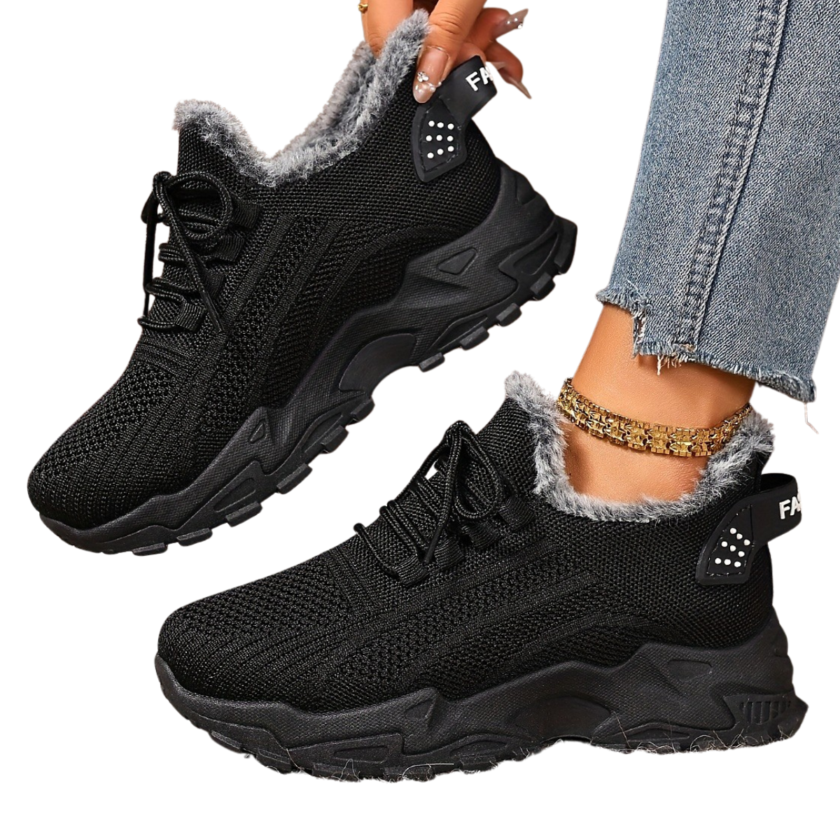 Tindra black winter trainers worn, side view