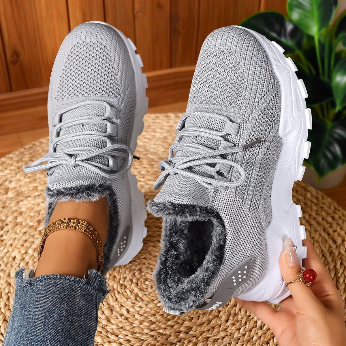 Tindra grey knit trainers with grey faux-fur lining, pair