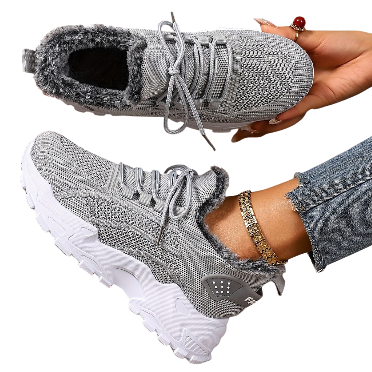 Tindra grey winter trainers, showing the faux-fur lining