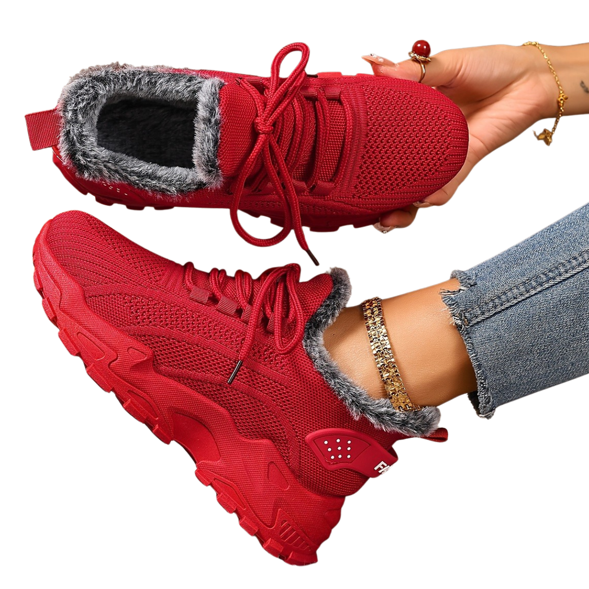 Tindra red winter trainers, showing the faux-fur lining