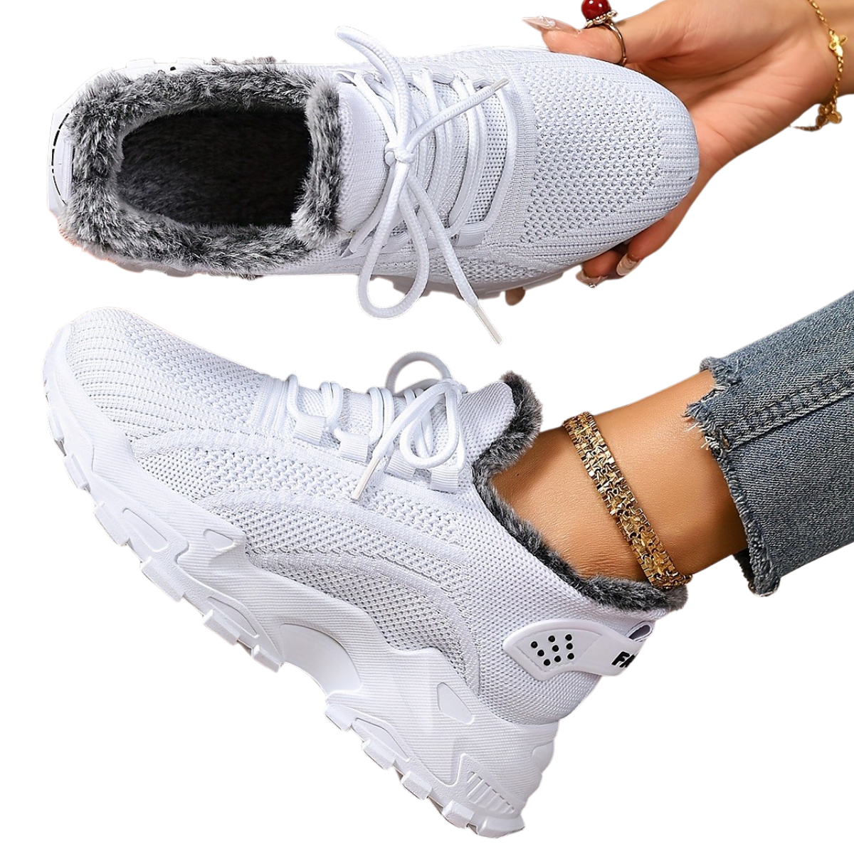 Tindra white winter trainers, showing the faux-fur lining